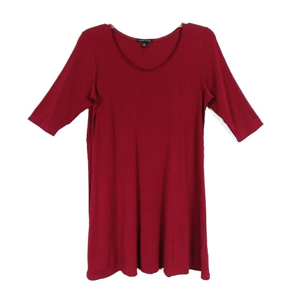 Eileen Fisher Maroon Half Sleeve Scoop Neck Dress